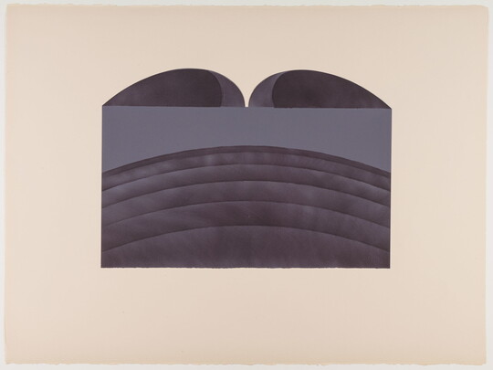 An abstract color print in black, gray, and dark blue of curved arches within a rectangle with two emerging from the top.