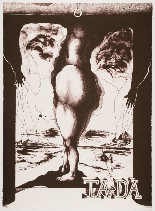 An abstract black-and-white print of exaggerated human arms, torso, and legs towering above text in the lower right that reads, "TA-DA."