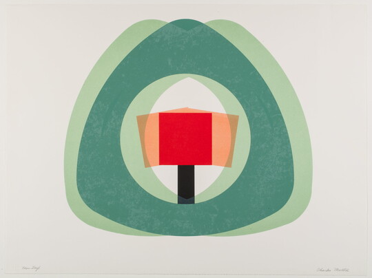 An abstract color print with overlapping rounded green triangles surrounding overlapping red squares on a black post.