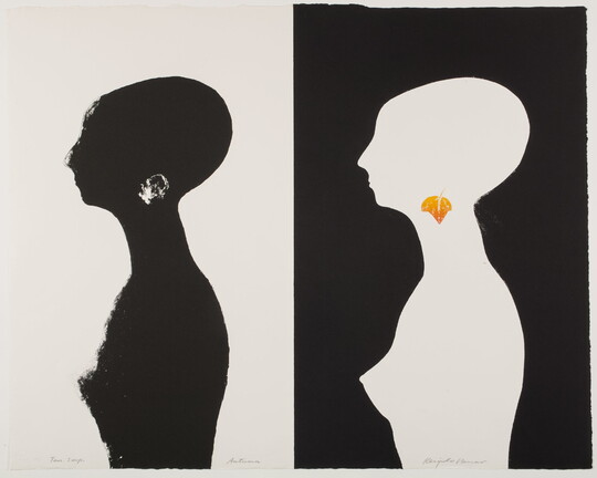 A color print: on the left, a black silhouette on white of a woman from the waist up with a white earring; on the right, the same silhouette but white on black with a gold leaf earring.