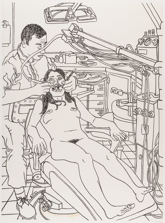 A black-and-white line drawing of a nude woman lying in a dentist's chair as the dentist works on her mouth.
