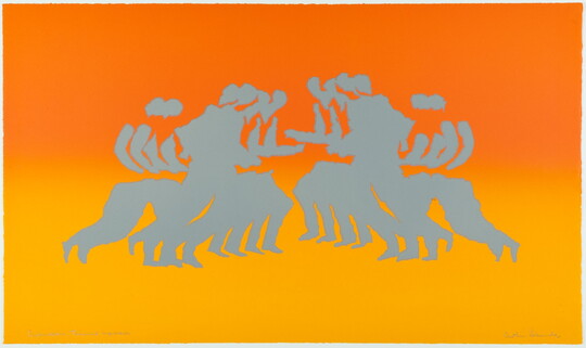 A color print of gray silhouettes of two groups of figures running toward each other on a gradient of orange to yellow from top to bottom.