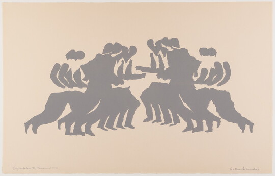 A color print of gray silhouettes of two groups of figures running toward each other.