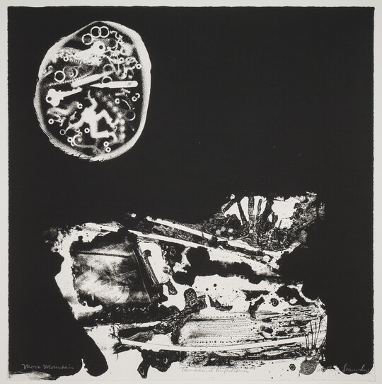 An abstract black-and-white print of a mix of organic shapes and recognizable objects, like a key and nail file, arranged within two shapes on a black background.