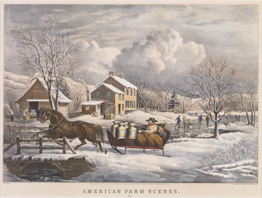 A color print of a horse-drawn sleigh crossing a snowy bridge, people playing on an icy pond, and farmhouses in the background.