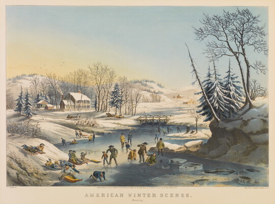 A color print of a snowy landscape with lots of people ice skating, sledding, and playing winter sports on a frozen river.