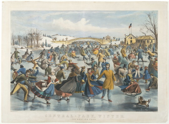 A color print of a frozen pond with lots of people ice skating in their winter clothes.