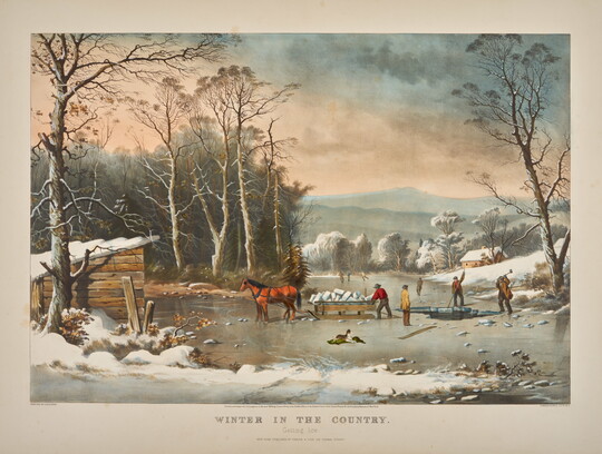 A  hand-colored print of a winter landscape with people loading blocks of ice from a hole cut in an icy pond onto a horse-drawn wagon.