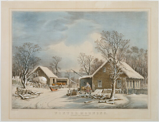 A color print of a snow-covered house and barn and a woman feeding chickens.