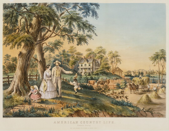A color print of an elegantly dressed White family standing in front of a country estate as workers harvest hay and tend animals in the background.