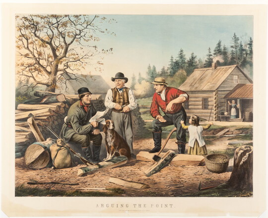 A color print of three White men and a child conversing near a wood pile on a clear, fall day.