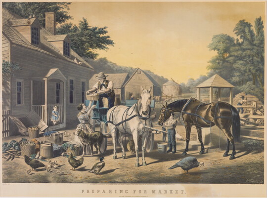A color print of a White farming family loading goods onto a horse-drawn carriage that is stopped in front of a house.
