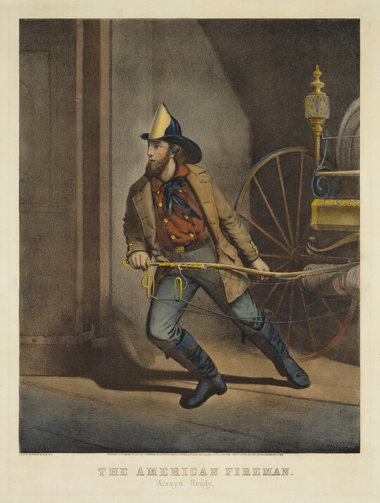 A color print of a White fireman wearing a hat and coat pulling a fire engine wagon from a garage.