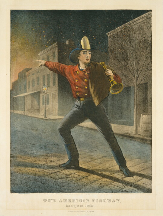 A color print of a White fireman holding a bullhorn and pointing toward a fire.