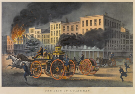 A color print of two horse-drawn fire wagons heading toward a burning building.