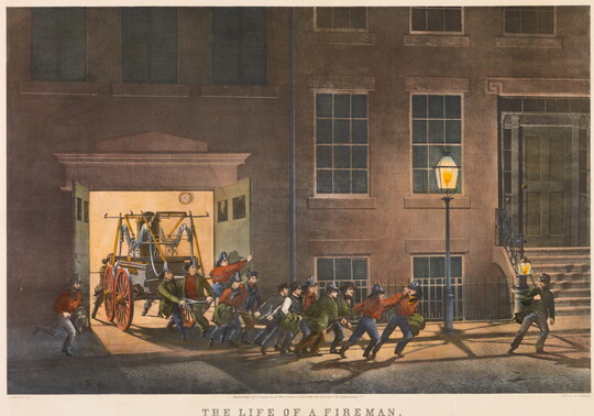 A color print of a group of White men rolling a firefighting carriage out of a garage onto a dark street.