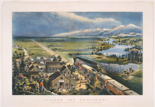 A color print of a train traveling through a busy town toward flat, open land.