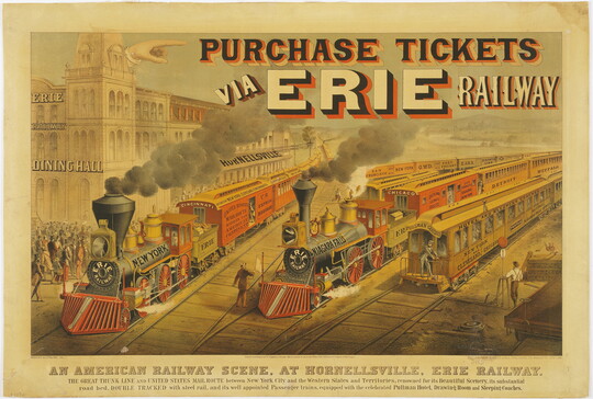 A color print of a train yard with two forward facing black steam trains and a caboose, and the words, "Purchase tickets via Erie railway" over the top of the illustration.