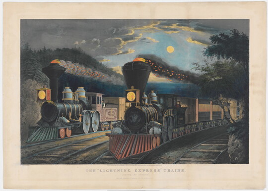 A print of two trains traveling side-by-side and blowing smoke on a moonlit night.