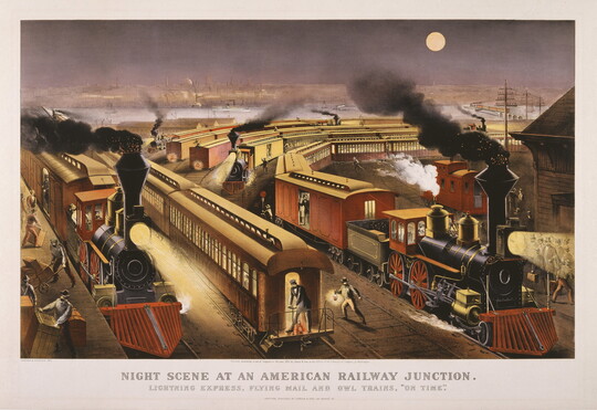 A color print of several trains in a train yard loading and unloading passengers and cargo on a full-moon night.