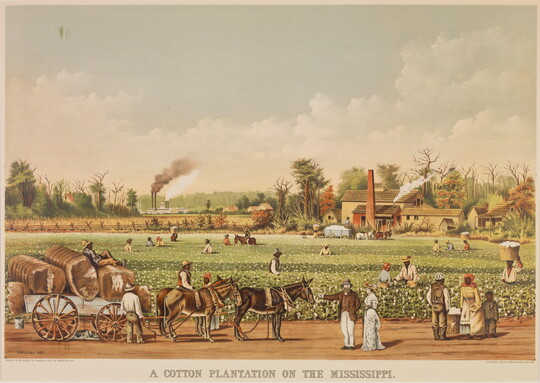 A color print of a cotton field with Black people picking the crops while, in the foreground, a White couple stands by a horse-drawn cart filled with cotton bales.