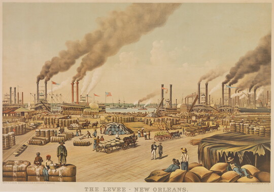 A color print of a busy port filled with people, cargo, and ships with the title, "The Levee - New Orleans" under the illustration.