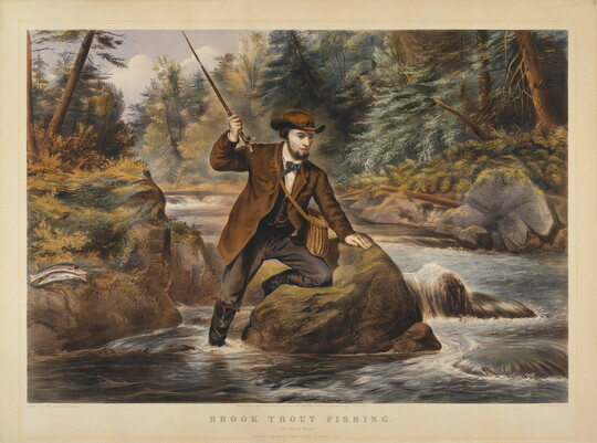 A color print of a man leaning on a large rock in a river while fishing.