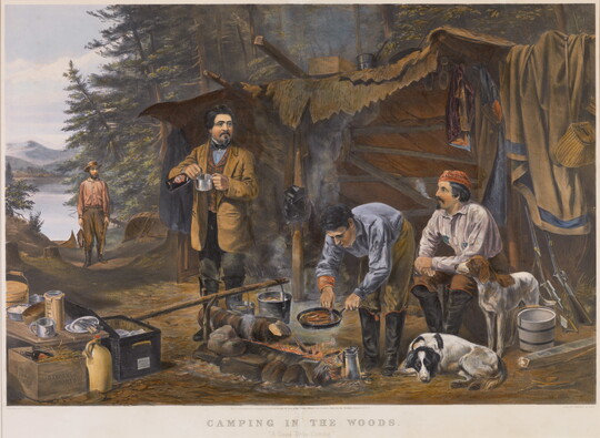 A color print of four men and their dogs around a cooking fire at their camp.