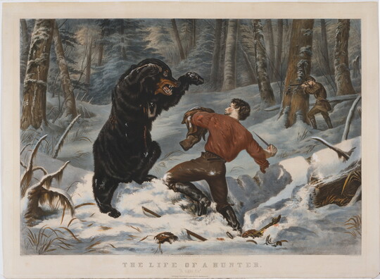 A color print of a snowy forest where a man with a knife fights a bear as another man behind a tree prepares to shoot the bear.