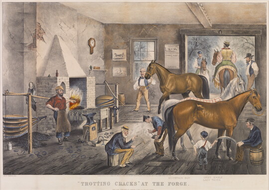 A color print of farriers caring for horses in a workshop with the words "'Trotting Cracks' at the Forge" under the scene.