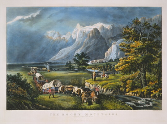A idealized landscape print of a line of covered wagons traveling across a lush green plain with the Rocky Mountains towering behind them.
