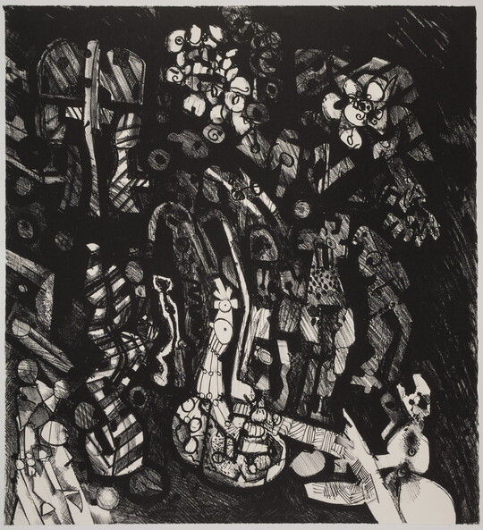 An abstract black-and-white print of white and gray circular and geometric shapes and patterns clustered in a sketchy black background.