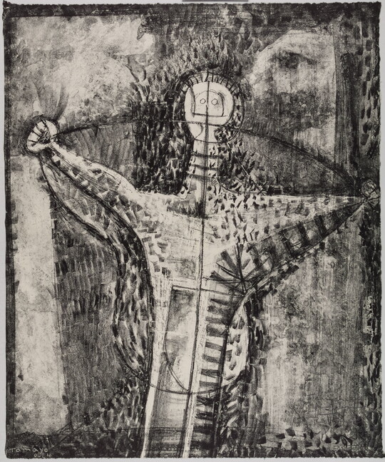 An abstract black-and-white print of a human-like figure raising its arms, illustrated with stripes, speckles, and other geometric shapes.