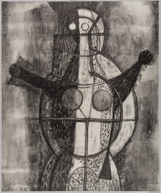 An abstract black-and-white print of a female figure made of geometric shapes, arms raised upward.
