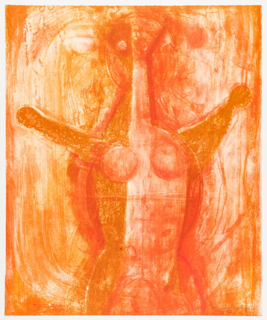 An abstract color print in shades of orange of a female figure made of geometric shapes, arms raised upward.