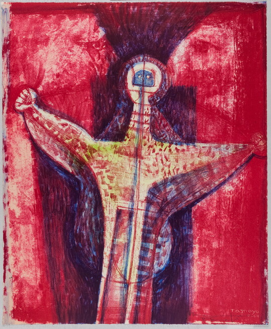 An abstract color print of a human-like figure in with red, yellow, and blue speckles and stripes raising its arms in front of a red and blue background.