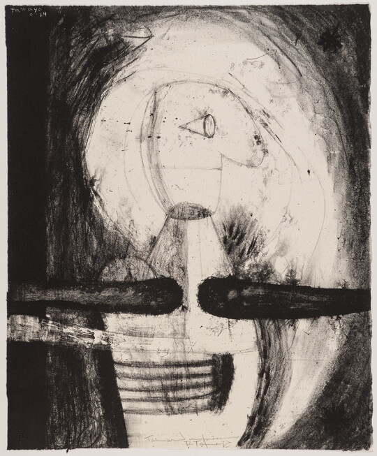 An abstract black-and-white print of a figure whose head is turned in profile, arms outward.