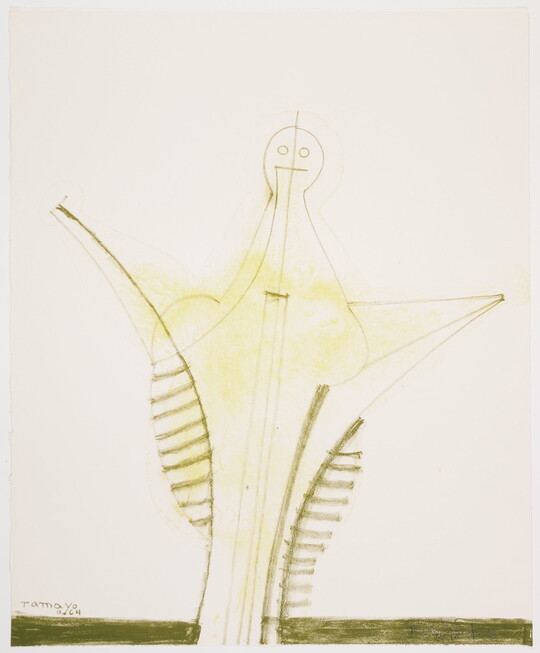 An abstract color print of a human-like figure raising its arms, illustrated with green lines and yellow cloudy shapes on a white background.