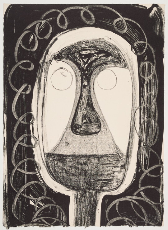 An abstract black-and-white print of a head made of simple geometric shapes, surrounded by squiggly lines.