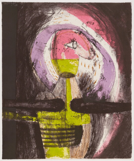 An abstract color print in black, green, pink, and purple of a figure whose head is turned in profile, arms outward.