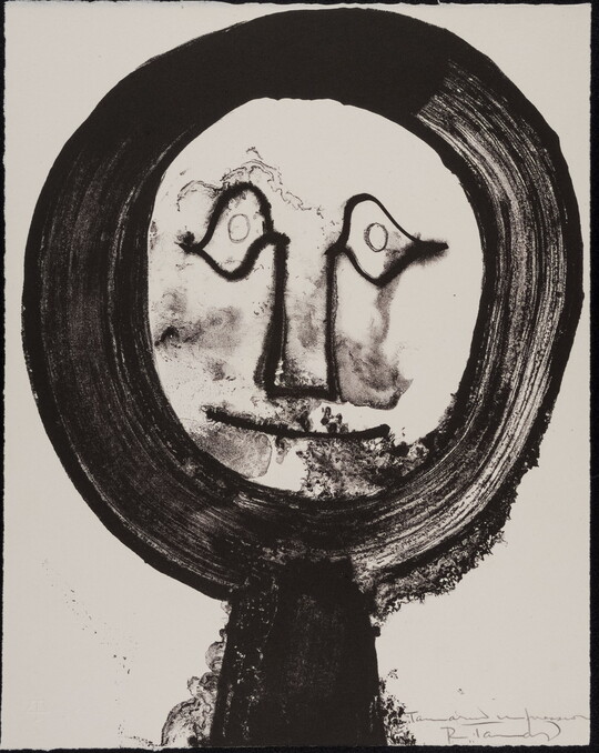 An abstract black-and-white print of a face on what looks like a hand-held mirror, detailed with fluid lines that bleed into one another.