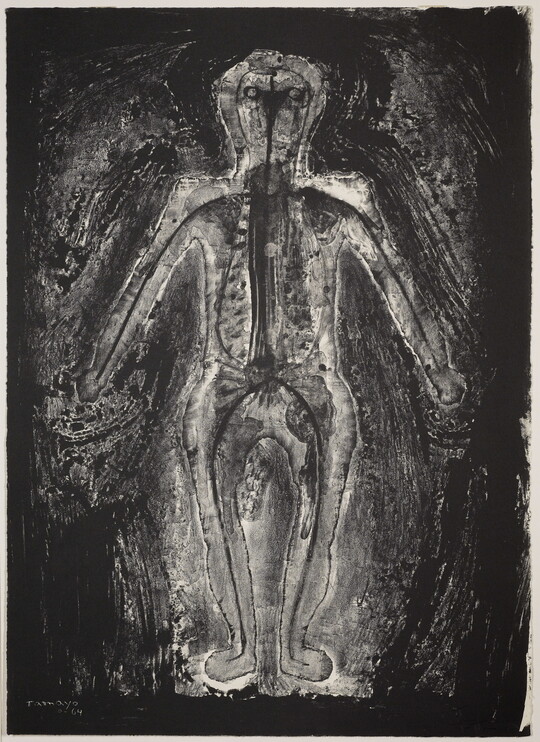An abstract black-and-white print of a human figure that seems to glow white on a black background.