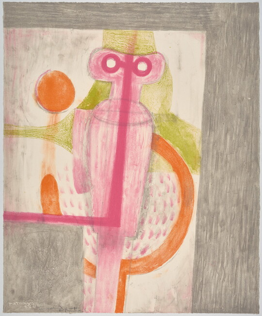 An abstract color print of a pink figure with bold round eyes standing in front of orange and green geometric shapes on a gray background.