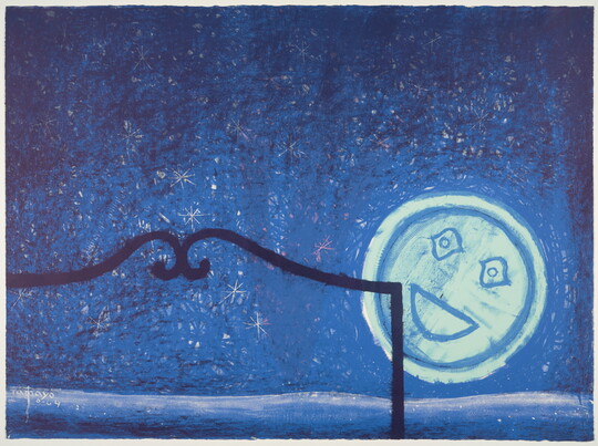A color print of a light blue moon with a smiling face glowing behind the outline of a bed frame in front of a dark blue starry sky.