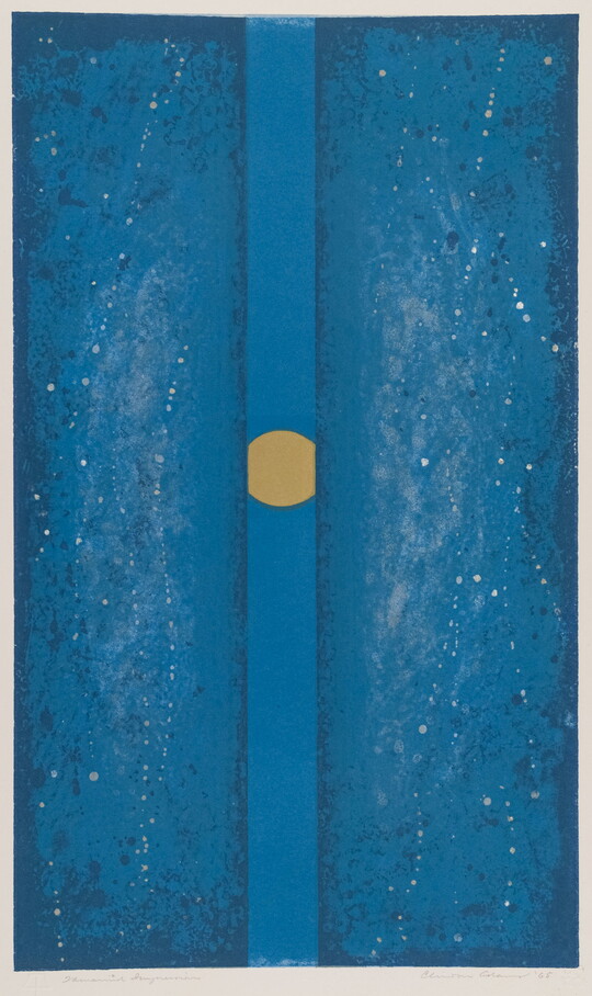An abstract color print of a yellow full moon in a blue sky closely cropped by two vertical blue bars on either side.