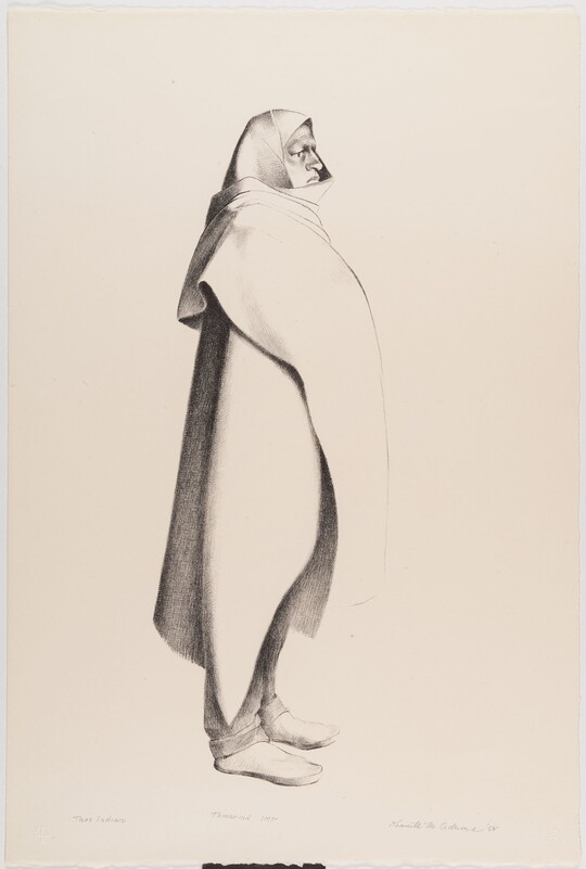 A black-and-white portrait print of a full-length figure standing in profile wearing a blanket or cape around their head and body.