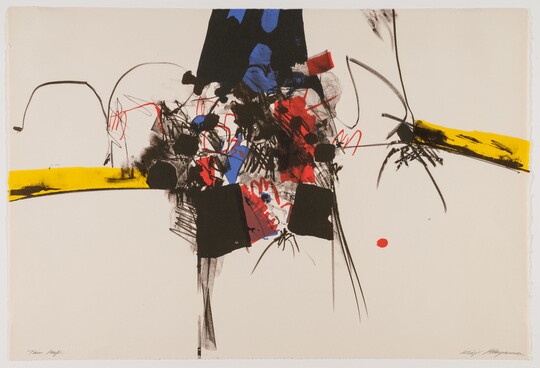 An abstract color print with black, red, and blue shapes and squiggles, partially bisected by a yellow horizontal line.