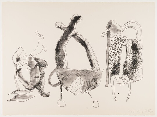 An abstract black-and-white print of three fantastical creature-like figures.