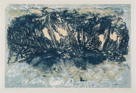 An abstract color print of organic shapes and lines in black, white, and light blue that resemble water.