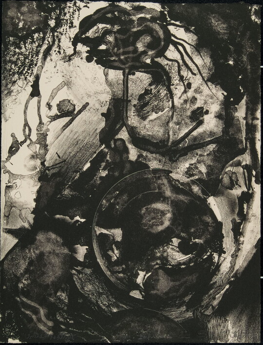 An abstract black-and-white print of black swirls and splotches.